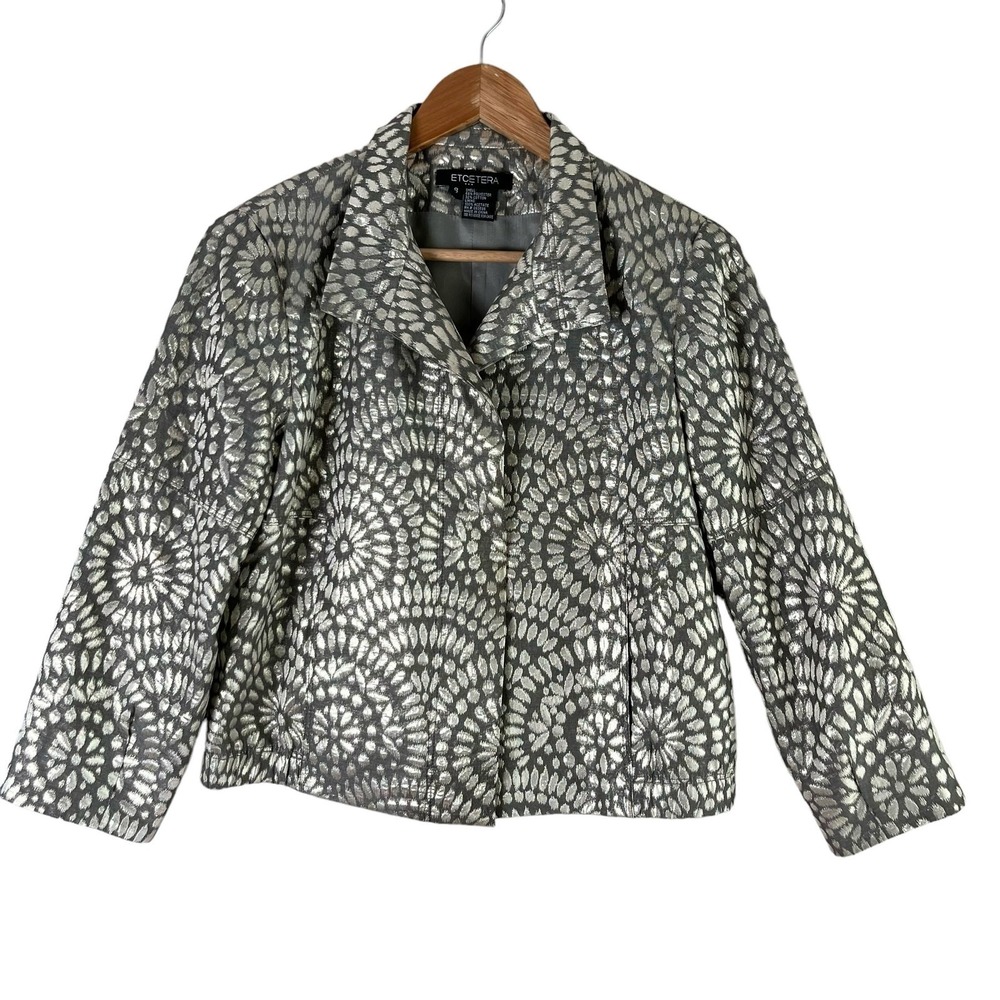 ETCETERA Size 8 Metallic Floral Jacquard Blazer Jacket in Silver & Grey
